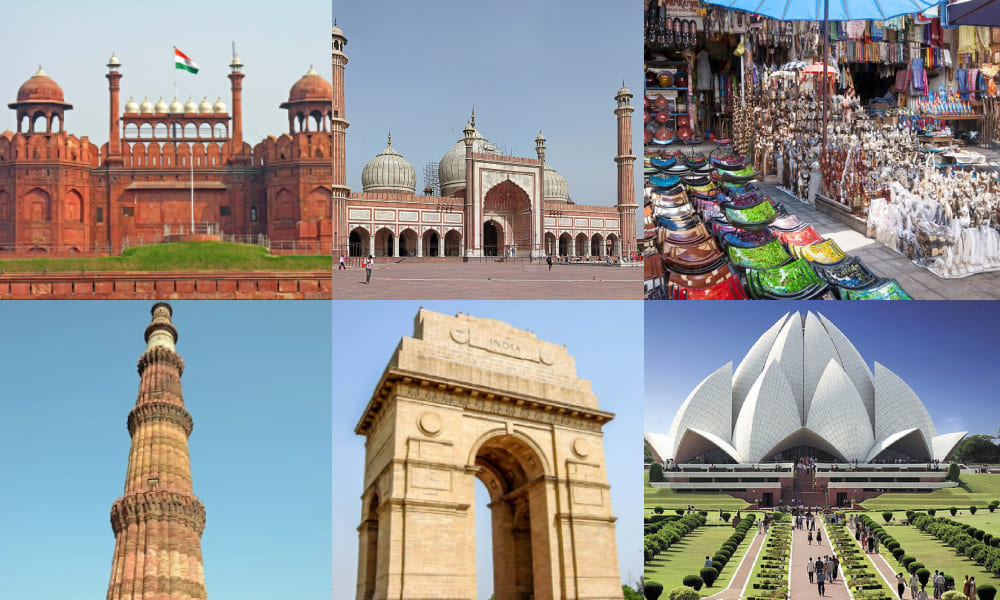 Delhi:- Red Fort, Jama Masjid, Chandni Chowk, Qutub Minar, India Gate, Lotus Temple