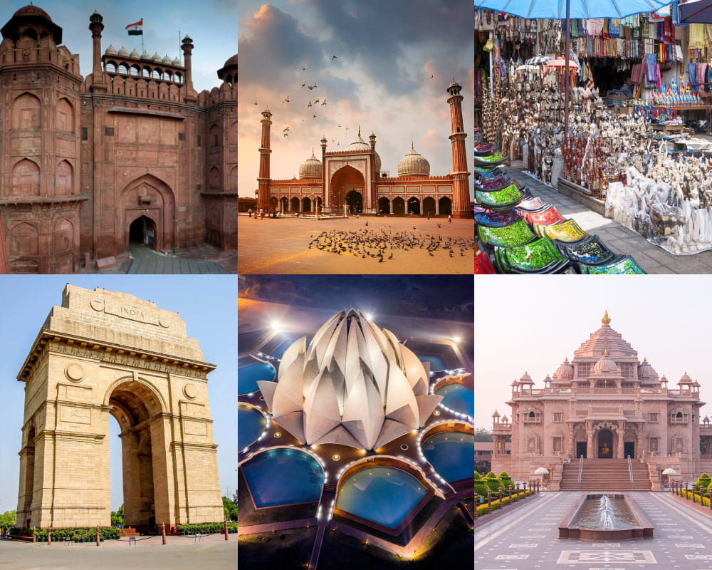 Delhi:- Red Fort, Jama Masjid, Chandni Chowk, India Gate, Lotus Temple, Akshardham.