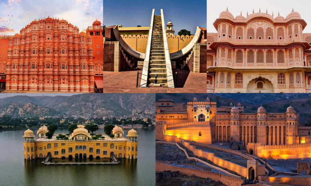 Jaipur:- Hawa Mahal, Jantar Mantar, City Palace,Jal Mahal, Amer Fort.